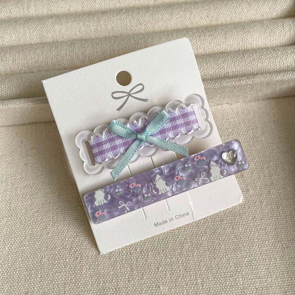 2Pcs/set Barrettes Cartoon Cat Hairpin Korean Style Korean Hair Clip Bow Plaid Hair Clip  Holiday