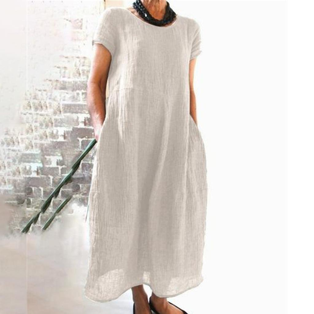 Women's Summer Fashion Casual Solid Color Short-sleeved Round Neck Pocket Loose Cotton And Linen Dress