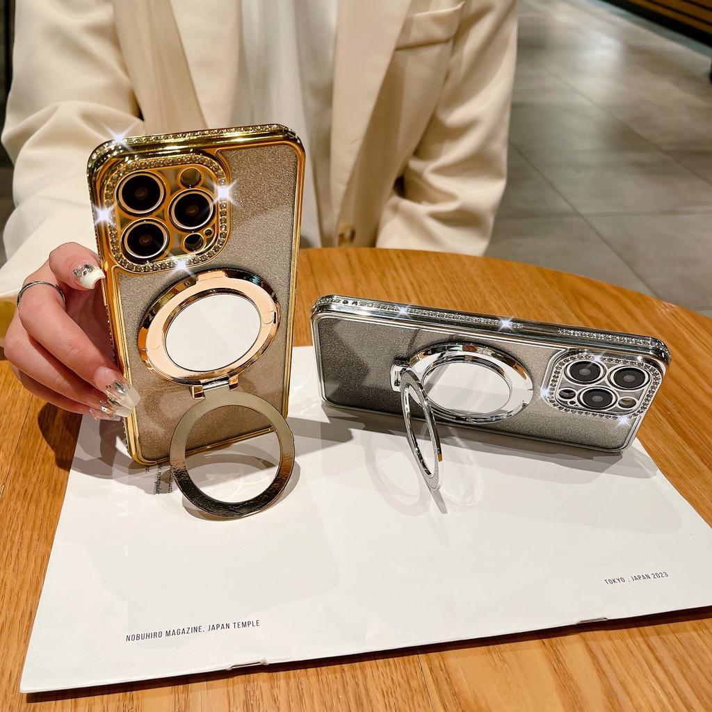 For iPhone 14 Pro Max Cover TPU Magnetic Phone Shell with Acrylic Mirror PC Kickstand Cover