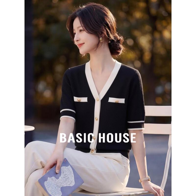Basic House Women s Color-block V-neck Half-sleeve Knitted Cardigan 2XL