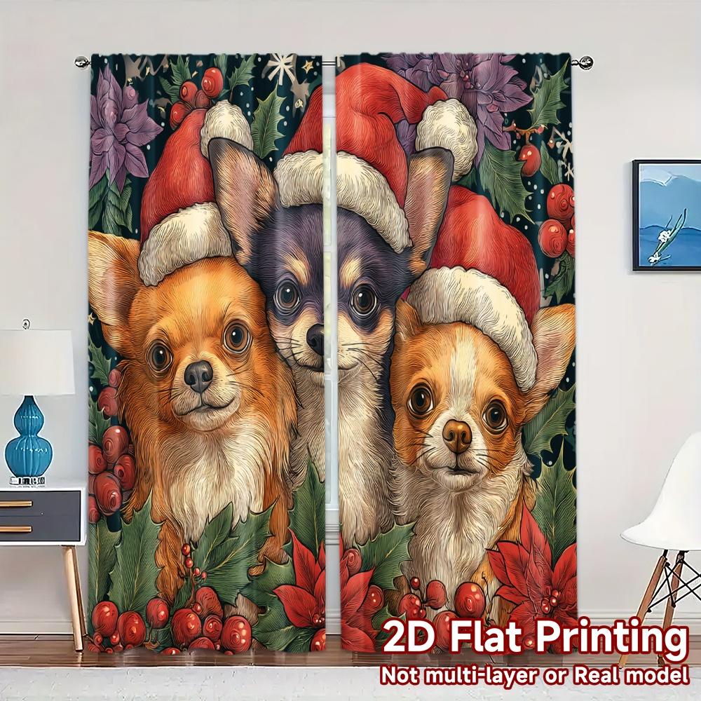 

Set Of 2 Flat Printing Jit Curtains Without Rod Festive Pups Sleigh Chic Window Treatment Yarn Holiday Use Made Polyester W100*H70(CM)-Rod Pocket&2PCS