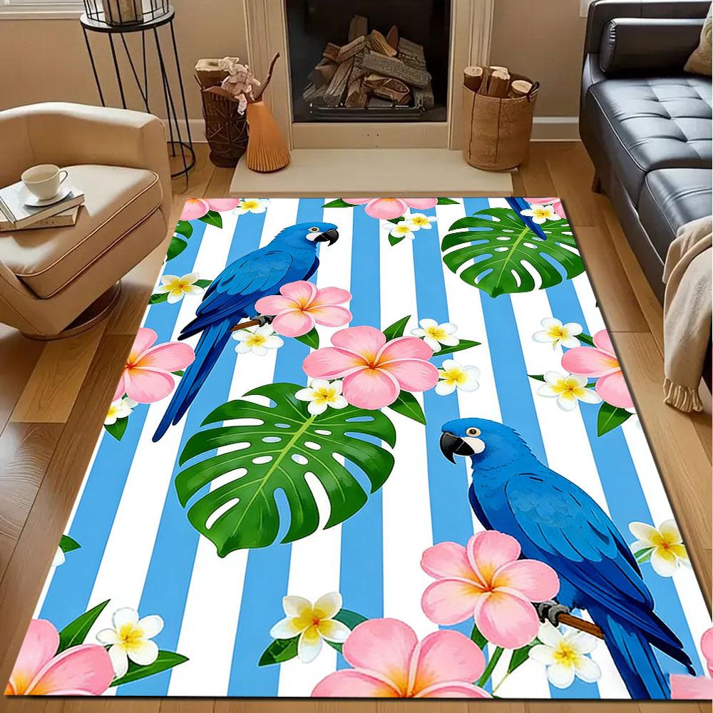Blue Parrots and Tropical Blooms Patterned Carpet, Non Slip Mat Suitable for Living Room and Bedroom Sofas