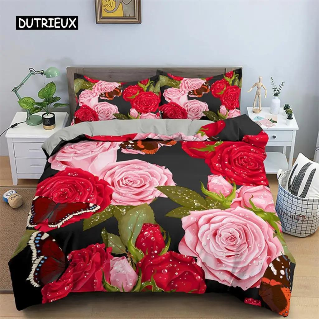 Rose Duvet Cover Set Microfiber Pink Heart Rose Romantic Flower Theme Bedding Set For Lovers Double Queen King Size Quilt Cover