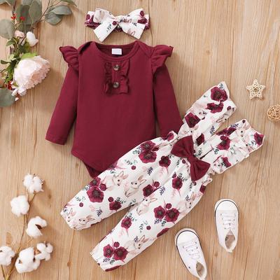 2022 Girls' Long Sleeve Top & Floral Overalls Three-Piece Set - Korean Spring/Autumn Style