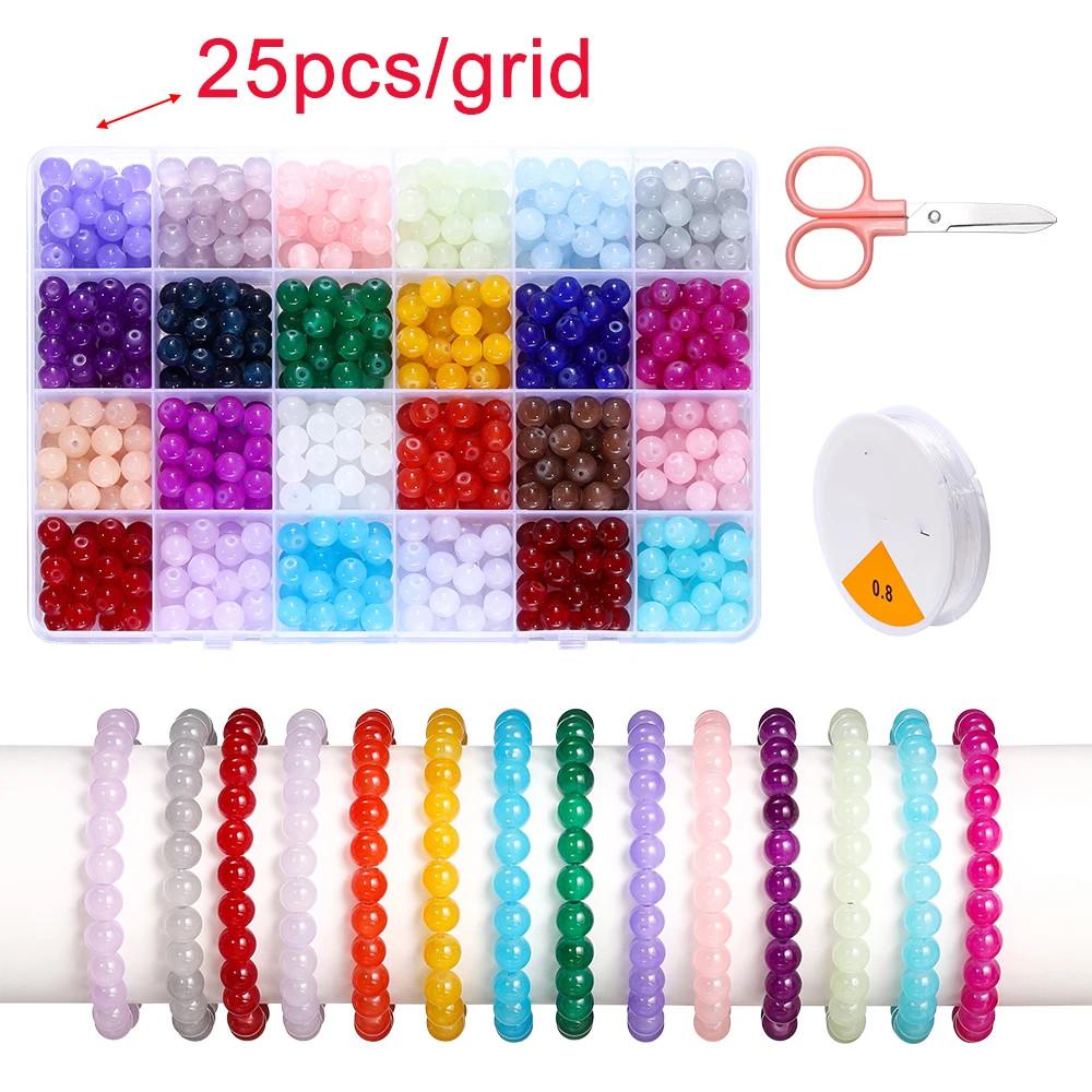 

408-1200Pcs/Box Colorful Glass Beads Plastic Spacer Loose Bead Elastic Cord with Small Scissors for DIY Bracelet Jewelry Making