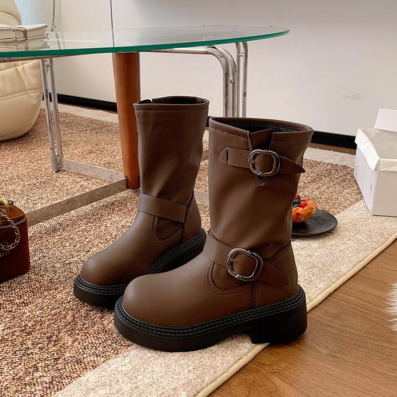 Genuine leather~~ inner height increase new retro Martin boots popular women's autumn metal buckle thick heel thick bottom western pile boots