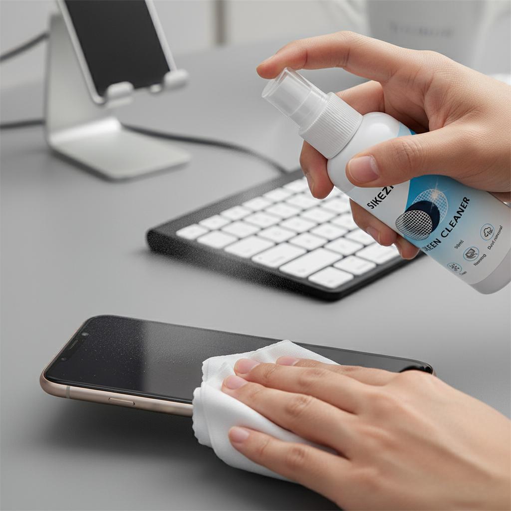 Conjunto Spray Limpador de Tela + Pano de Polimento 50ml, Sem Marcas para Telefone/Tablet/Laptop/Monitor, Remove Impressões Digitais, Óleo e Pó