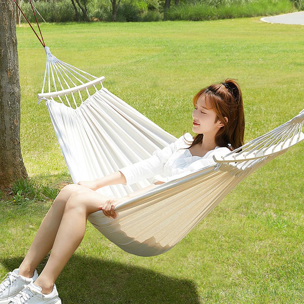 Hammock Swing Bed with Wood Bar, 2 Person Single Double Thickened Fabric Soft Canvas Portable Large Hanging Hammock