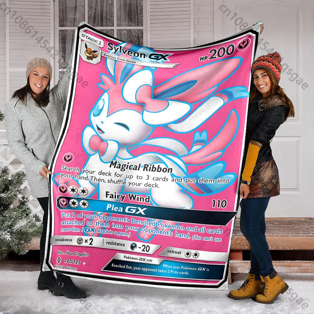 Cartoon Pokemon Cards Sylveon Printed Blanket Flannel Fluffy Soft Blanket for Adult Kids Plush Sofa Home Car Camping for Gifts