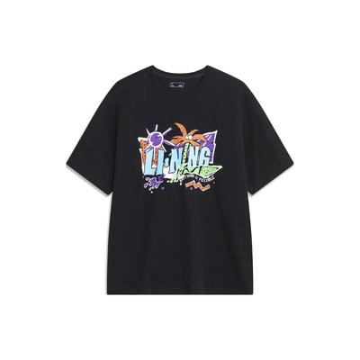 Li-Ning Cartoon Illustration Logo Print Round Neck Short Sleeve Drop Shoulder T-Shirt Unisex T-Shirt Black AHST921-2