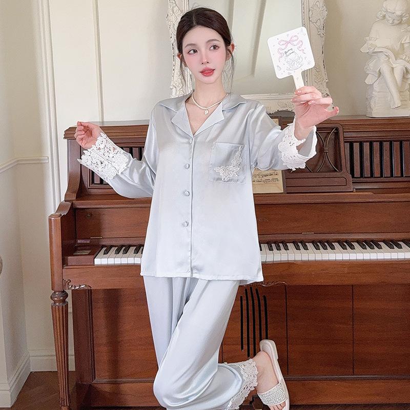 Ice silk pajamas women's 1011 spring and summer new long-sleeved silk satin light luxury high-end thin loungewear set