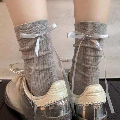 Herbst Schleifensocken, Damen Kniestrümpfe im Ballettstil, Süße Frotteesocken, Oberschenkelhohe Socken im College-Stil