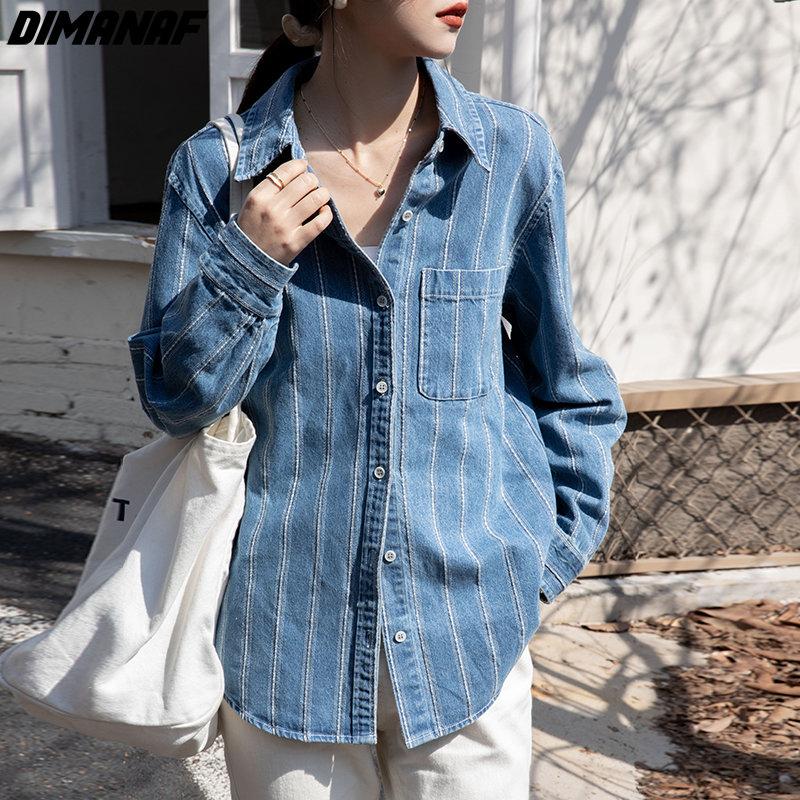 

DIMANAF 2023, весенняя рубашка, джинсовое пальто, блузка, повседневная рубашка с длинным рукавом, лоскутная полосатая женская рубашка, свободная синяя рубашка в клетку