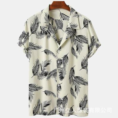 Summer Man Palm Leaf Print Shirt Short Sleeved Lapel Men'S Shirt Hawaiian Beach Shirt