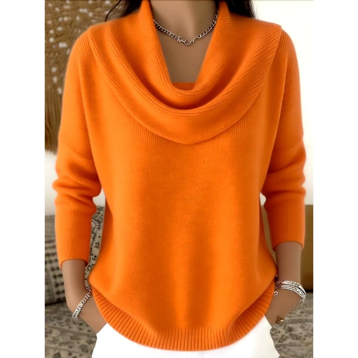 Maglione Invernale Caldo da Donna con Collo a Scialle - Top Pullover a Maniche Lunghe Monocolore con Collo Alto, Blusa Comoda Casual per Autunno/Inverno L arancione