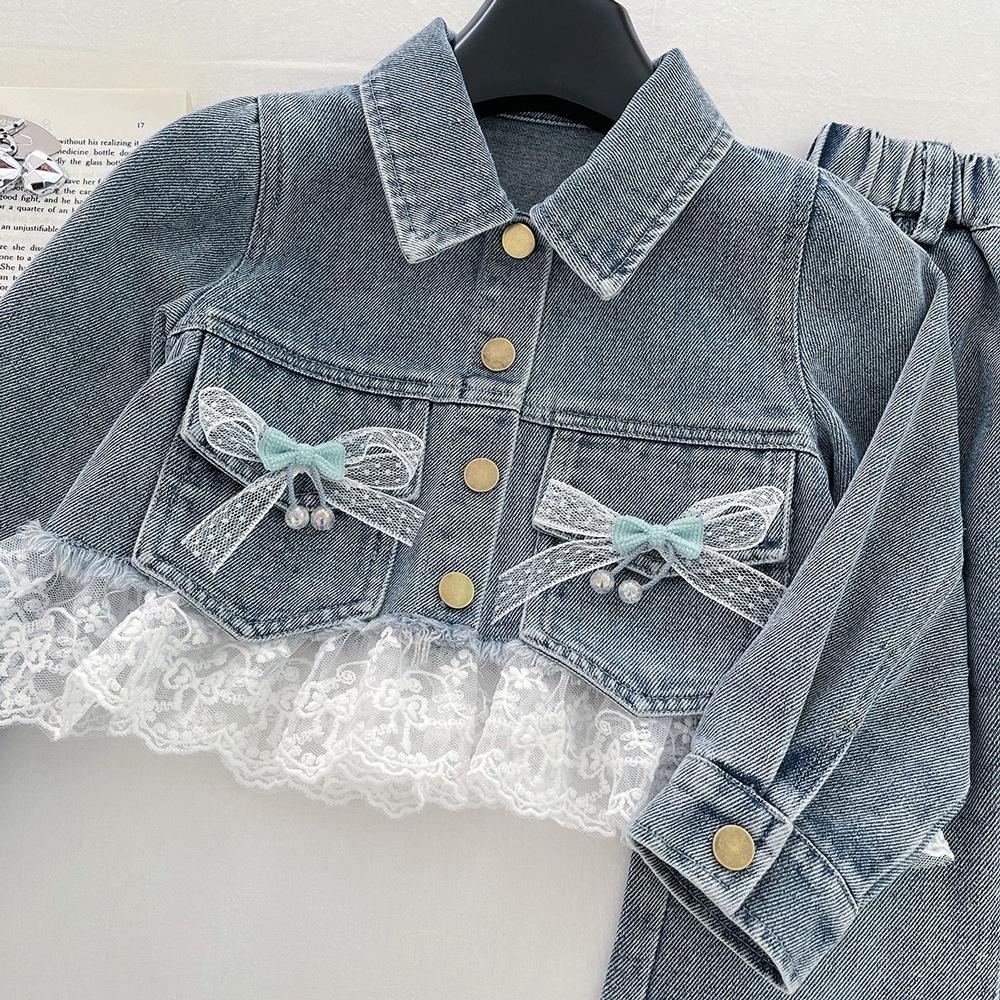 Girls' Korean-Style Lace Denim Jacket & Micro Flare Jeans Set for Autumn 2025