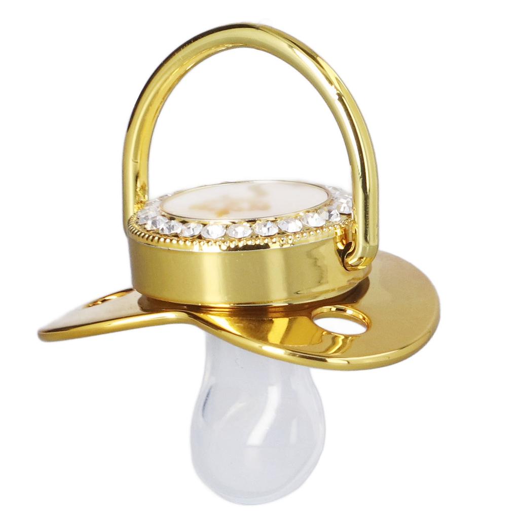 Baby Pacifier Infant Portable Exquisite Golden Crown Letter Rhinestone Pacifier with Chain Clip