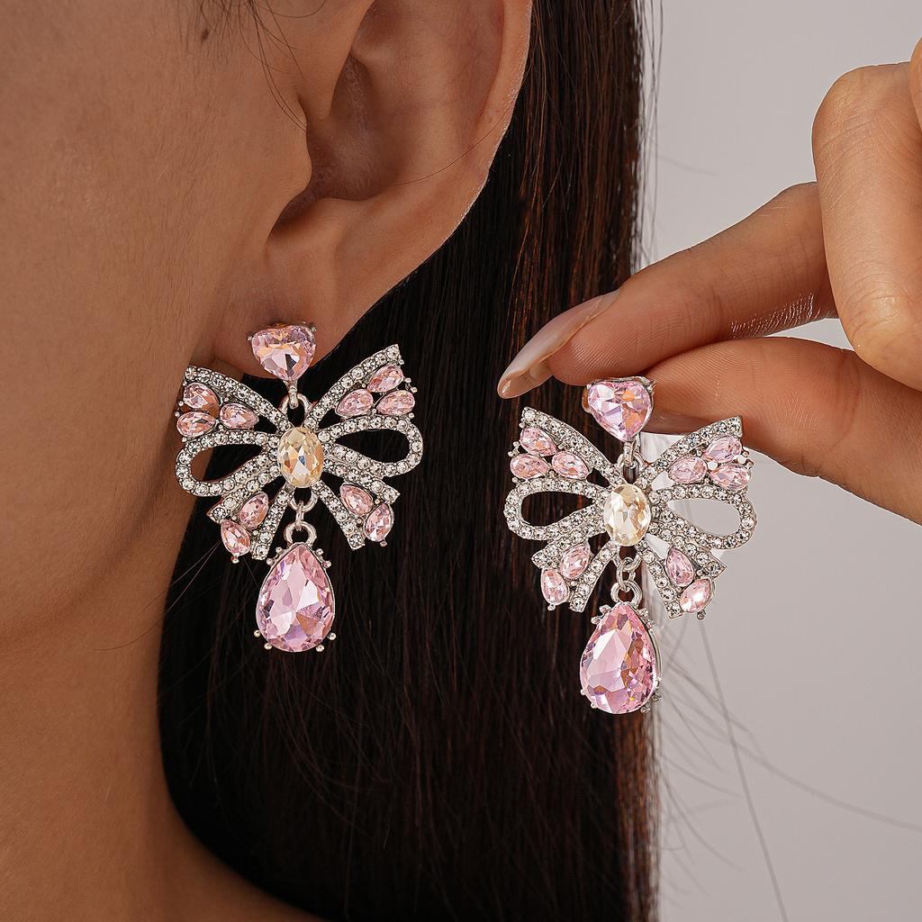 Eingelegter Strass Schleife Wassertropfen Fransen Ohrring für Damen Leichter Luxus High-End Hängeohrringe Süße Mode Zirkon Großhandel