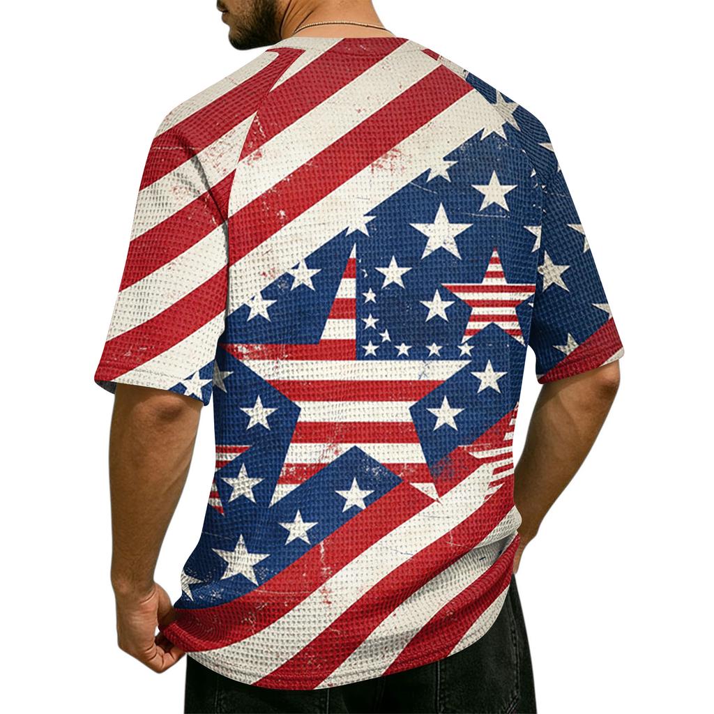 Men's Casual Waffle Knit Short Sleeve Shirt Button Front Patriotic Star Print Lightweight Breathable Summer Top