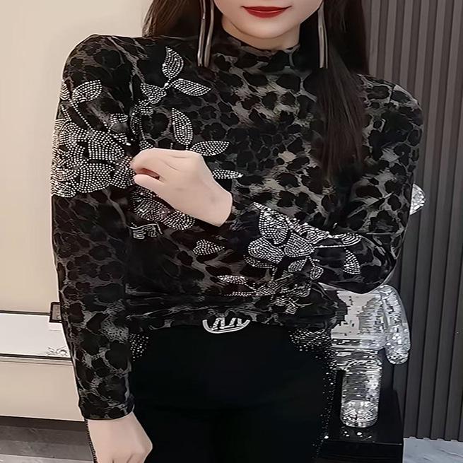 

Women s Stylish Rhinestone Leopard Print Long Sleeve Slimming Base Layer Shirt L чорний