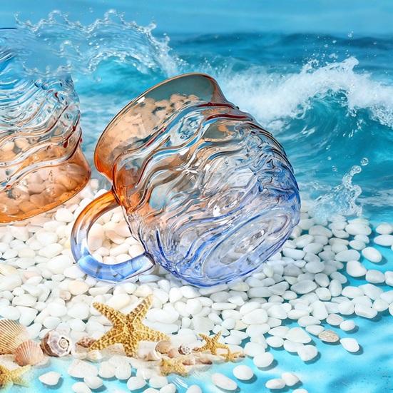 Hrnek se skleněnou vlnou při západu slunce Káva Čaj Víno Šálek 393ml Unikátní textura mořského skla Gradientní barva Sklenice na ledové nápoje Řemeslná domácí dekorace