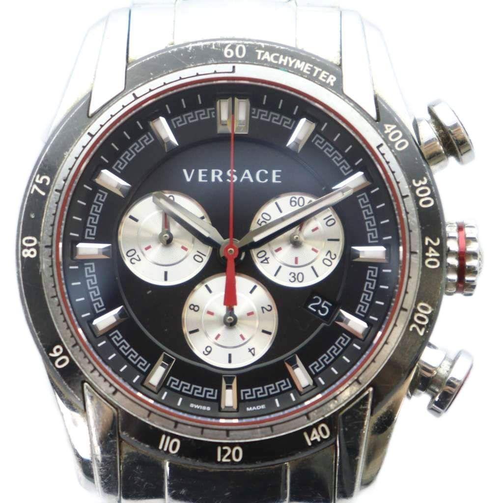 Used Versace Versace V-RAY watch quartz logo black dial chronograph with calendar silver color GY11 /MQ