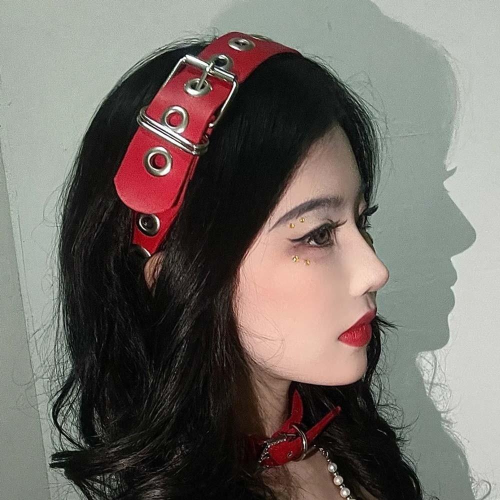 Y2K Punk Rivet Headband Hollow Out Leather Buckle Hairband Subculture Steampunk Hair Hoop  Women