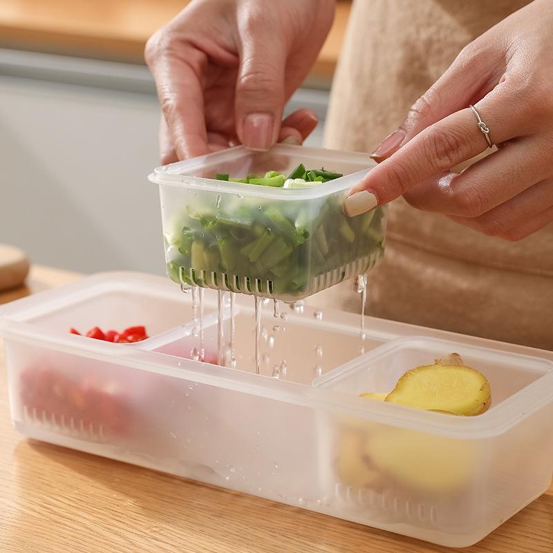 Transparent Storage Box 3 Grids Scallion Ginger Garlic Fresh-keeping Box Refrigerator Fruit Food Container Organizer