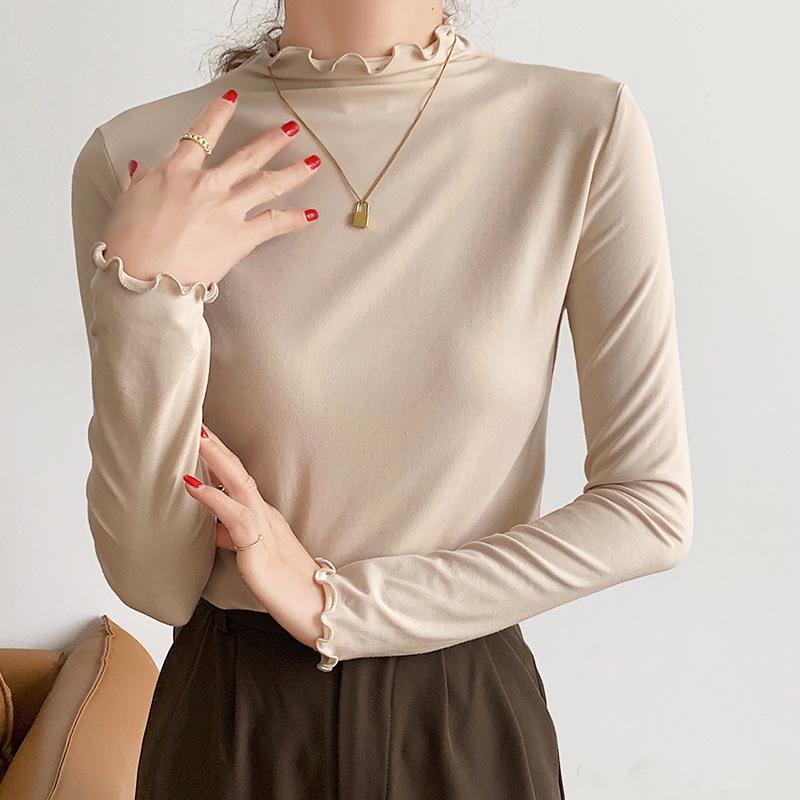 Women's Long-Sleeve T-Shirt: New Autumn/Winter Korean Style, High Neck, Slim Fit, Flattering with Ruffled Hem – Ideal Base Layer.