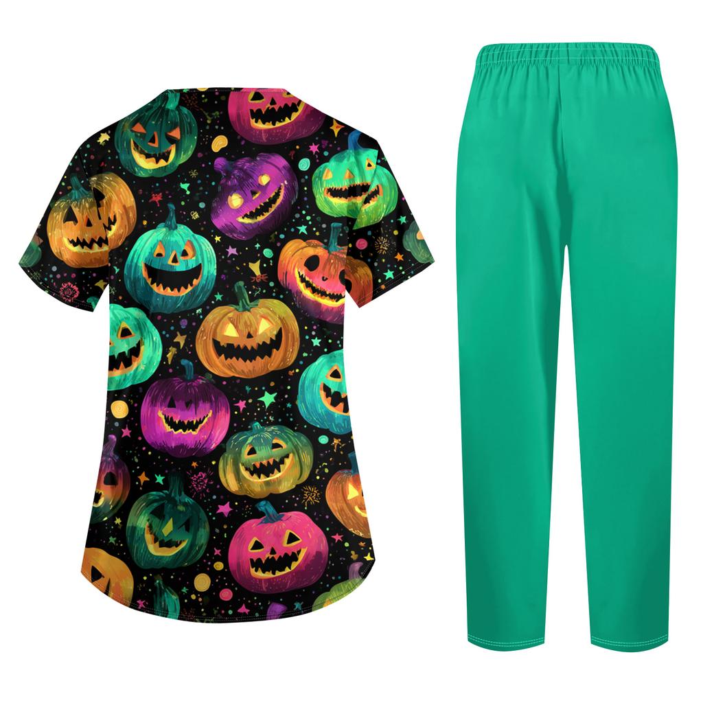 Damen Kostüm Set mit kurzen Ärmeln, Halloween-Print und Taschen - 2-teiliges Oberteil und Hose für Rollenspiele