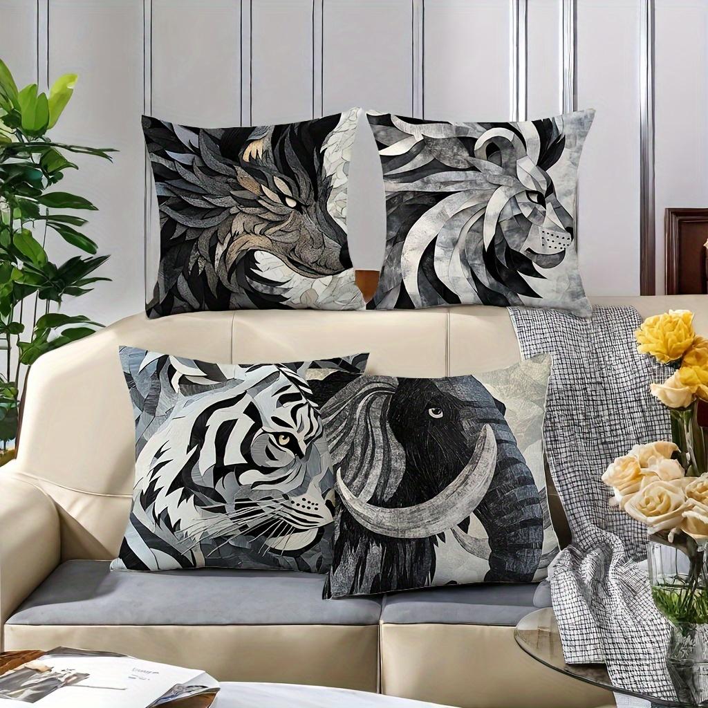 Lion And Tiger Patterns Digital Printing Pillow Cover Short Plush Suitable Living Rooms Bedrooms Sofas Throw Cushion Cover 4Pcs
