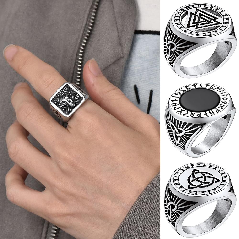 Big Signet Rings for Man Norse Viking Runes Valknut Wolf Head Triquetra Onyx Agate Size 7-14 Jewelry Gift for Him