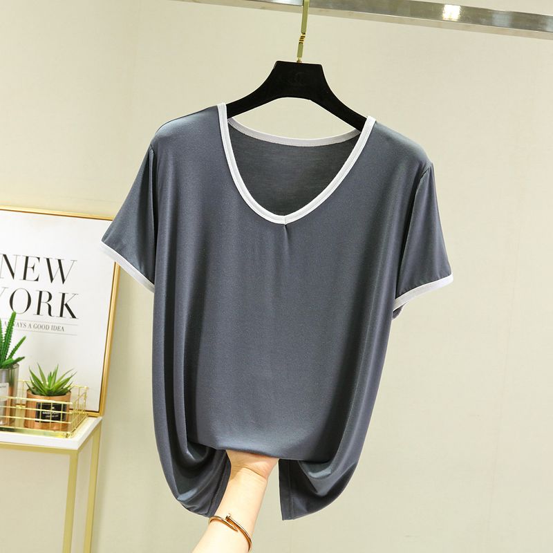 

Modal V Neck T-shirt Plus Size Slim Fit Versatile Top Women s Spring and Summer Thin Casual Inner Match Thin Short Sleeve Bottoming Shirt Iron Gray 2XL (70.00 kg-80.00 kg recommended