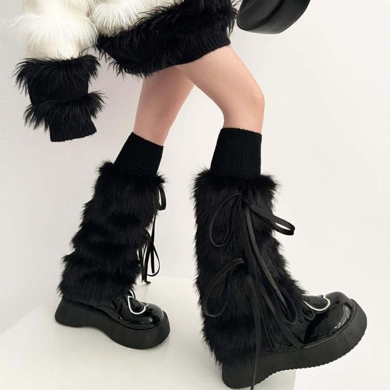 Women Gothic Punk Harajuku Plush Leg Warmers Japanese JK Sweet Ribbon Bowknot Warm Furry Boots Cover Leg Sleeve Socks