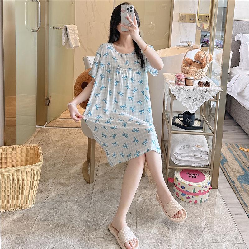

Женская ночная рубашка из хлопка и шелка с мультяшным принтом — короткие рукава, легкая, летняя, пижама больших размеров для дома, весны и осени. One size (suitable for 85-155 lbs)