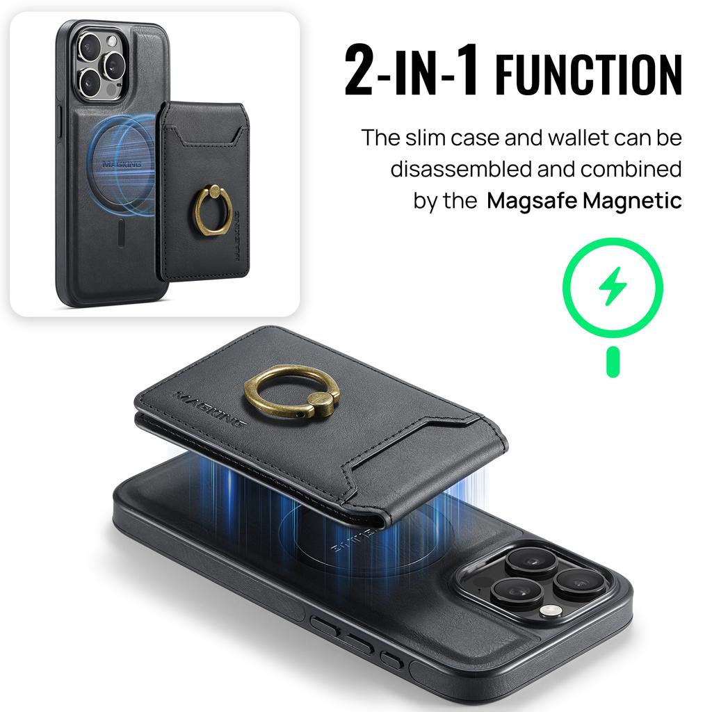 MAGKING K1 Series For iPhone 16 Pro Magnetic Case PC+TPU+PU Phone Cover with Card Holder Kickstand