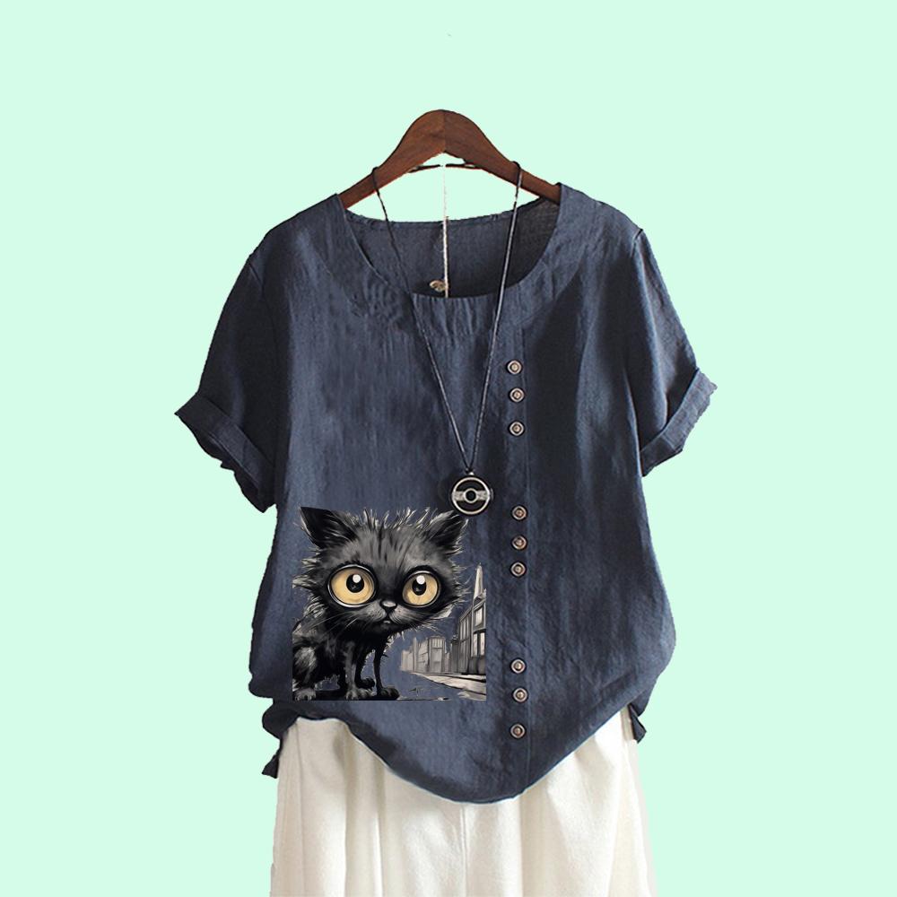 Modă Femei Top Mânecă Scurtă Gât Rotund Vară Larg Tricou In Laides Casua Bluză cu Imprimeu Pisică