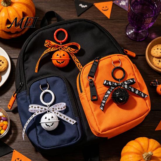 Hanging Bell Keychain Halloween Pumpkin Keychain, Hollow Head Key Ring Decorative with Ribbon Bow, Backpacks Charm for Holiday Party Decoration