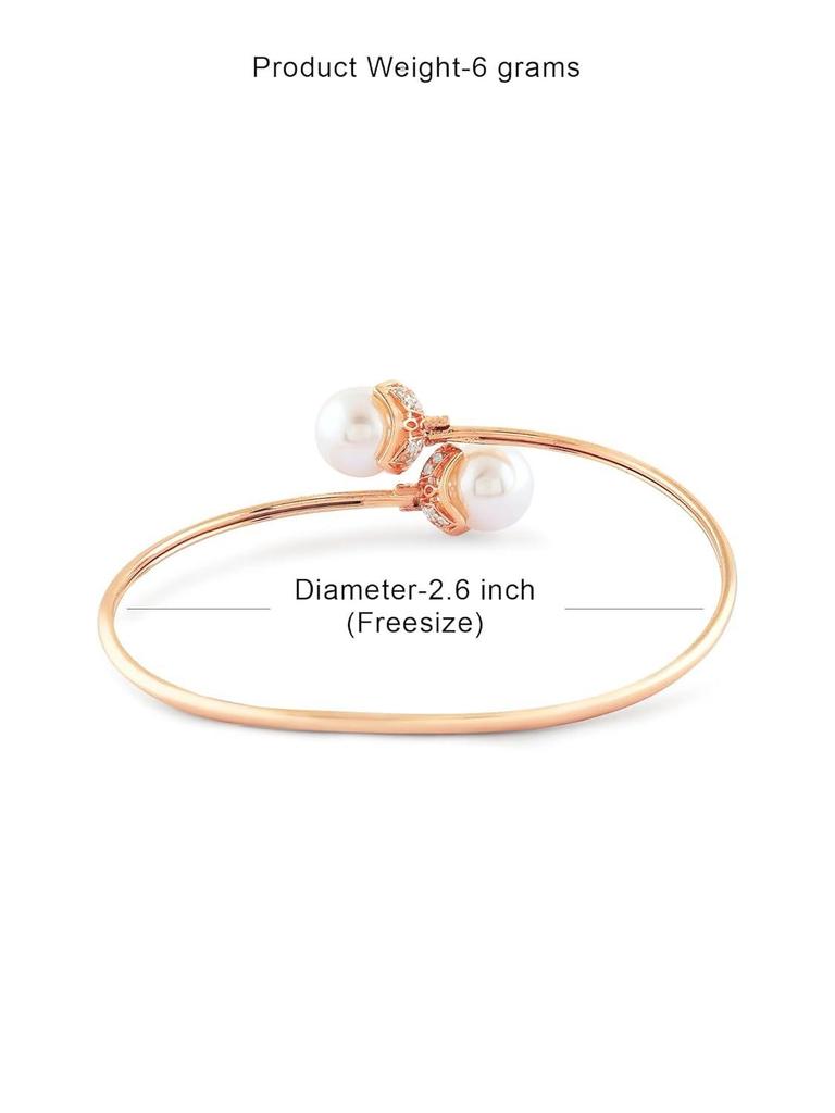 Rose Gold Tone Shiny Cubic Zirconia and Pearl Embellished Brass Kada Style Bracelet for Women