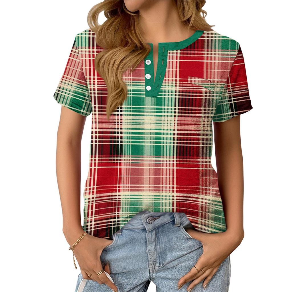 Dámský Módní Ležérní Letní Kostkovaný V-výstřih Knoflíky Krátký Rukáv Top