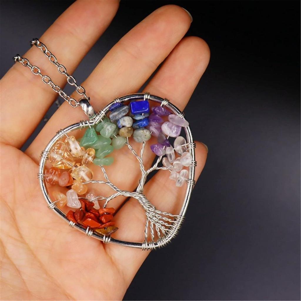 7-Color Natural Crystal Stone Tree of Life Pendant Necklace
