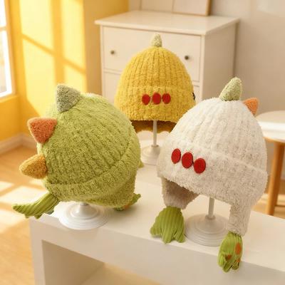 Winter Kinder Verdickte Ohrenwärmende Winddichte Fleecegefütterte Strickmütze Niedliche 3D Dinosaurier Strickmütze