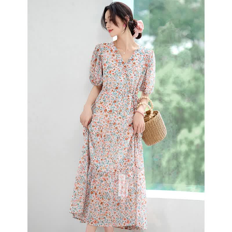 ORIGIN Elegant Floral V-Neck Chiffon Midi Dress 32