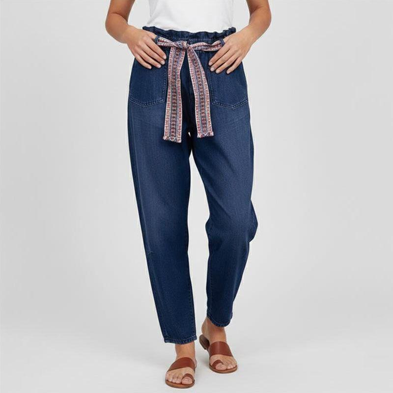 Pantalon jean foncé avec ceinture tissée style ethnique Femme PLEASE