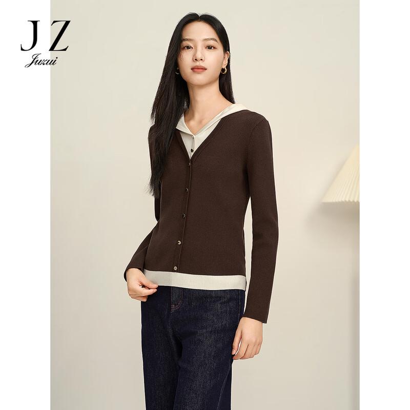 JUZUI Women s Elegant Hooded Faux Two-Piece Knit Cardigan L