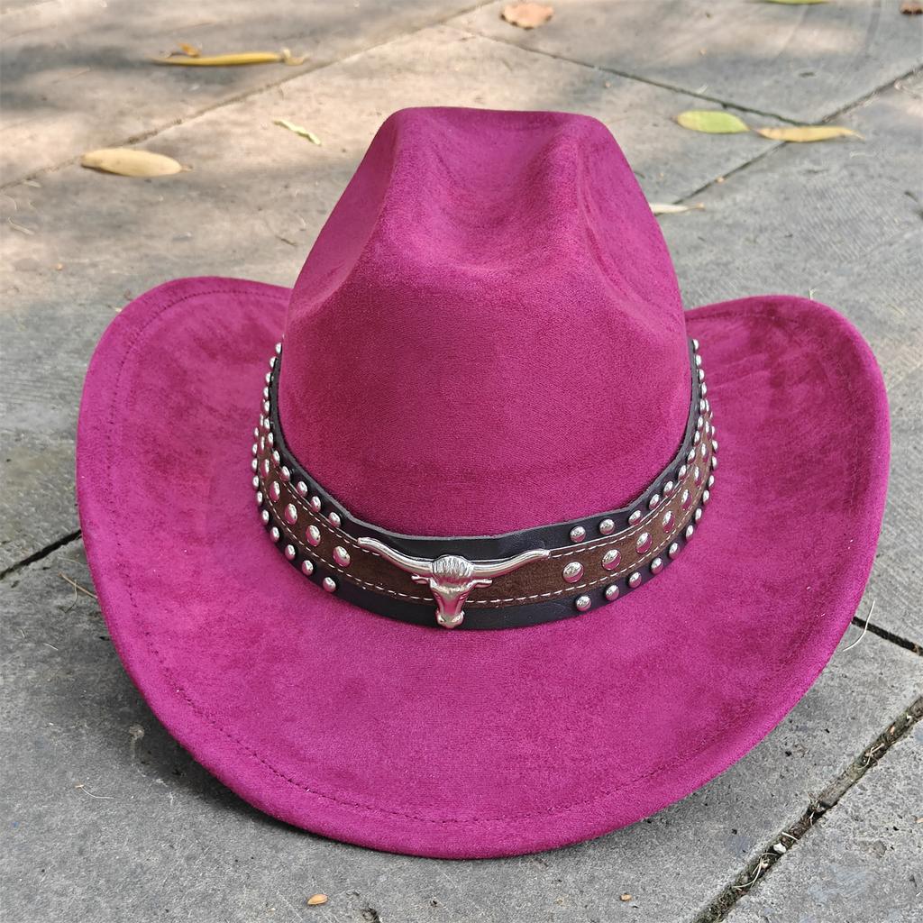 Retro Suede Leather Western Cowboy Fedora Hat For Men Women Bull Head Accessories Fashion Travel Party Hat Denim Hat Sombrero