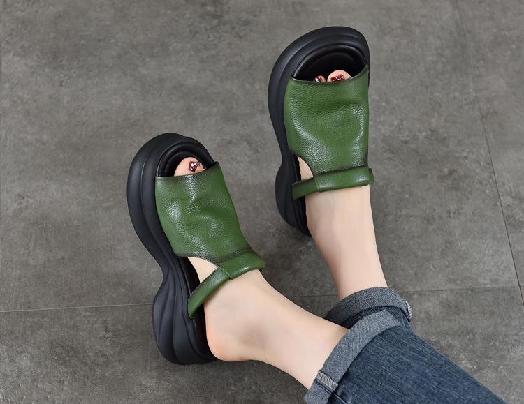 Women's Genuine Leather Platform Flip-Flops with Thick Soles for Summer 2025