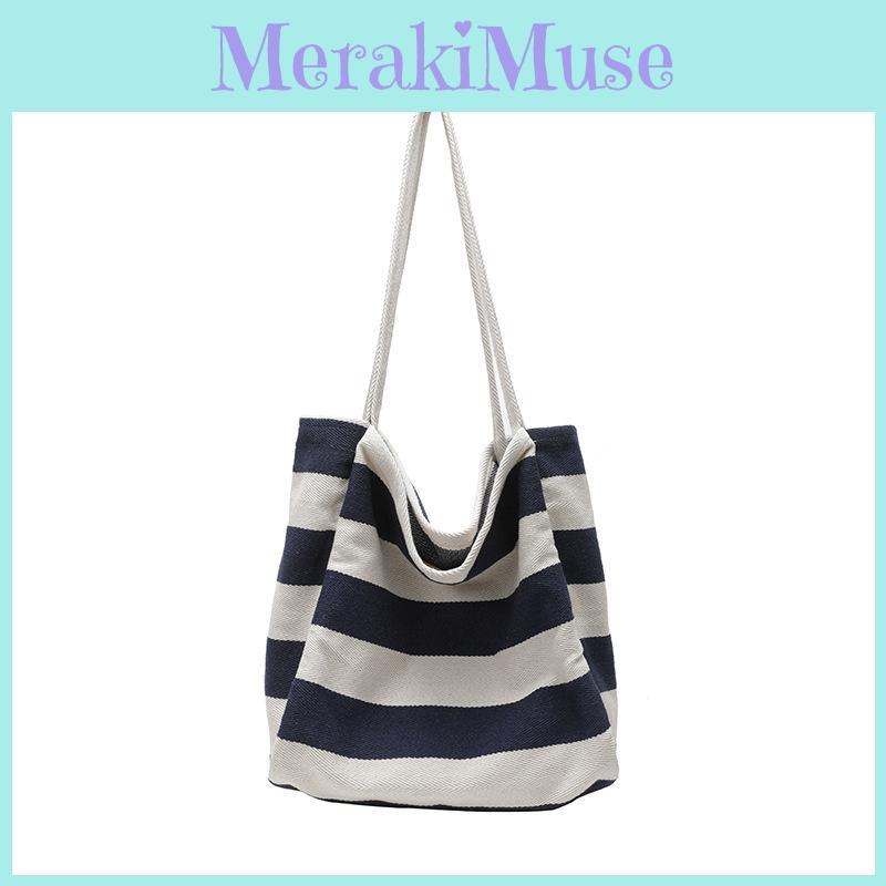 Canvas Large Capacity Bag With Stripes For Casual Daily Use
