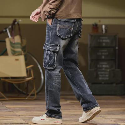 Herren-Workwear-Jeans mit weitem Bein und mehreren Taschen – locker, verschleißfest, elastisch, große Größe, für Herbst/Winter 2024