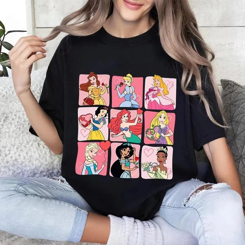 Disney T-shirt Women's Short-sleeved Valentine's Day Princess Print Women Summer Casual T-shirt Short-sleeved Casual Top Holiday